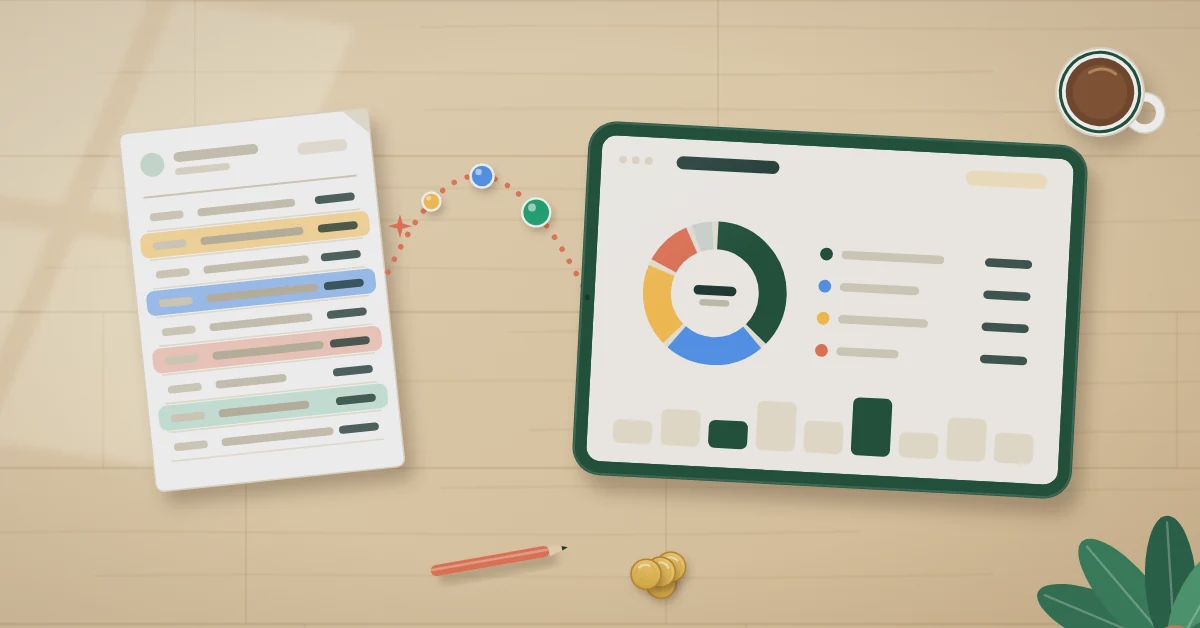 Illustration of a bank statement on a wooden table turning into clear charts on a tablet.