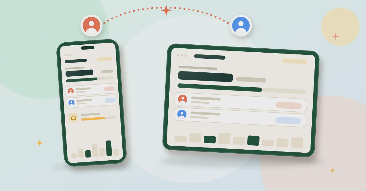Illustration of a phone and a tablet showing the same family budget view for two family members.