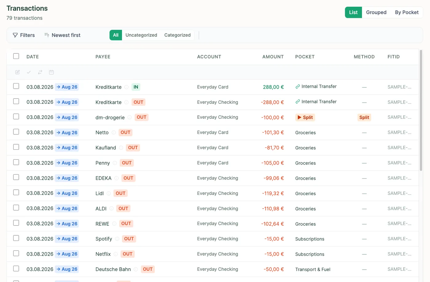 Transactions: bank export rows, sorted into pockets on import.